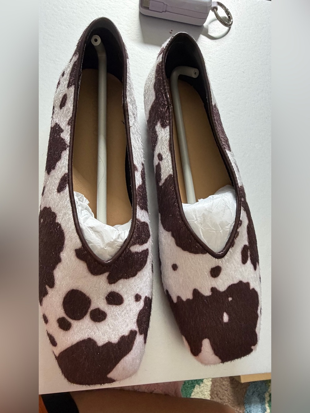 Brown and White Cowhide-Pattern Women's Ballet Flats